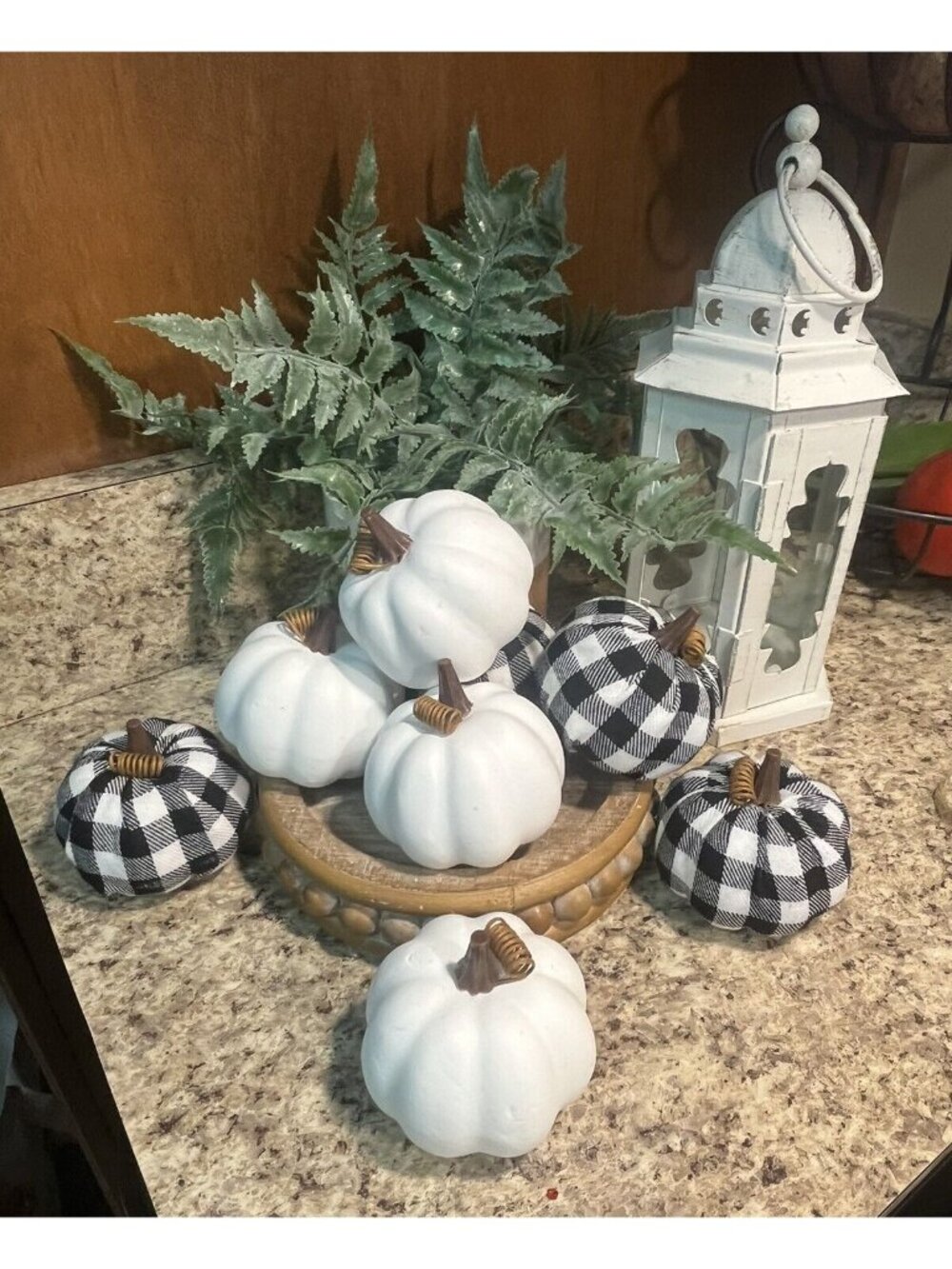 8-Pk White Mini Pumpkins Black Buffalo Plaid Pumpkin Fall Thanksgiving Decor S29